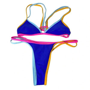 ColorBlock Shein Bikini Set Triangle Strappy Top Cheeky Bottom Blue L